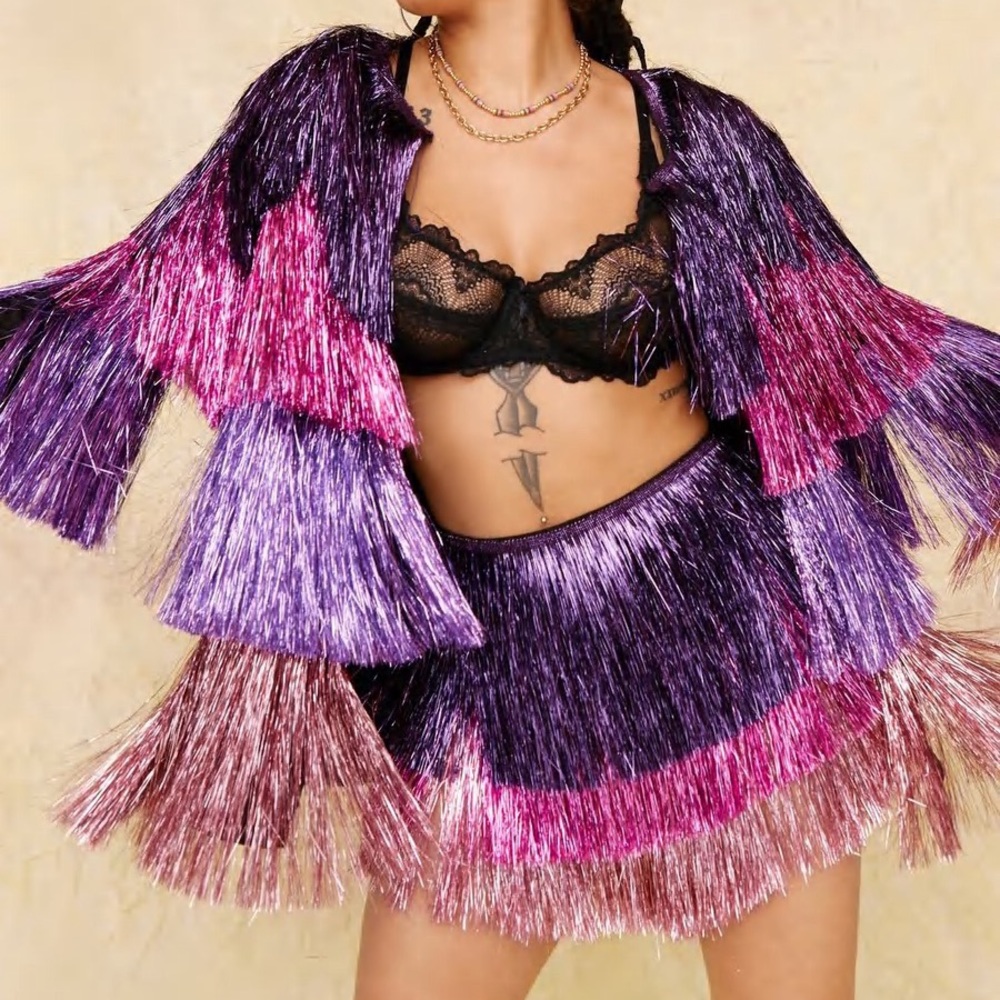 Metallic Tiered Fringe Jacket